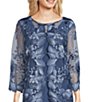 Color:Vintage Blue - Image 3 - Round Neck Floral Embroidered 3/4 Sleeve Jacket Dress