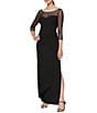 Color:Black - Image 1 - Illusion Mesh 3/4 Sleeve Round Neck Side Slit Ruched Gown