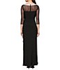 Color:Black - Image 2 - Illusion Mesh 3/4 Sleeve Round Neck Side Slit Ruched Gown