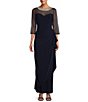 Color:Navy - Image 1 - Illusion Mesh 3/4 Sleeve Round Neck Side Slit Ruched Gown