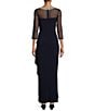 Color:Navy - Image 2 - Illusion Mesh 3/4 Sleeve Round Neck Side Slit Ruched Gown