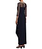 Color:Navy - Image 3 - Illusion Mesh 3/4 Sleeve Round Neck Side Slit Ruched Gown