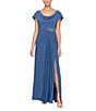 Color:Wedgewood - Image 1 - Matte Jersey Cowl Neck Drape Back Detail Short Sleeve Side Embellishment Pleated Thigh High Slit Long Gown