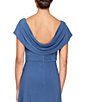 Color:Wedgewood - Image 4 - Matte Jersey Cowl Neck Drape Back Detail Short Sleeve Side Embellishment Pleated Thigh High Slit Long Gown