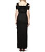 Color:Black - Image 2 - Petite Size Cowl Square Neck Cap Sleeve Cold Shoulder Ruched Side Glitter Mesh Gown