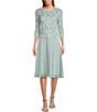 Color:Fresh Mint - Image 1 - Petite Size Scalloped Round Neck Sequin Lace Bodice 3/4 Sleeve Chiffon Skirted Tea Length Dress