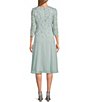 Color:Fresh Mint - Image 2 - Petite Size Scalloped Round Neck Sequin Lace Bodice 3/4 Sleeve Chiffon Skirted Tea Length Dress