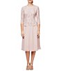 Color:Shell Pink - Image 1 - Petite Size Scalloped Round Neck Sequin Lace Bodice 3/4 Sleeve Chiffon Skirted Tea Length Dress