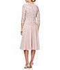 Color:Shell Pink - Image 2 - Petite Size Scalloped Round Neck Sequin Lace Bodice 3/4 Sleeve Chiffon Skirted Tea Length Dress