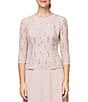 Color:Shell Pink - Image 3 - Petite Size Scalloped Round Neck Sequin Lace Bodice 3/4 Sleeve Chiffon Skirted Tea Length Dress