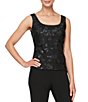 Color:Black - Image 3 - Petite Size 3/4 Sleeve Floral Embroidered Scoop Neck Twinset