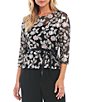 Color:Black Multi - Image 1 - Petite Size Round Neck 3/4 Sleeve Stretch Embroidered Floral Sequin Peplum Ribbon Belt Blouse