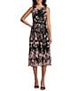 Color:Black/Rose - Image 1 - Petite Size Sleeveless Crew Neck Tie Waist Floral Embroidered Tulle Midi Dress