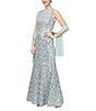 Color:Ice Sage - Image 1 - Petite Size Sleeveless Round Neck Shawl Lace Fit and Flare Gown