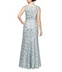 Color:Ice Sage - Image 2 - Petite Size Sleeveless Round Neck Shawl Lace Fit and Flare Gown