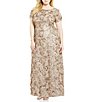 Color:Champagne - Image 1 - Plus Size Crew Neck Floral Rosette Short Sleeve A-Line Gown