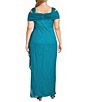 Color:Turquoise - Image 2 - Plus Size Drape Cowl Neck Cold-Shoulder Short Sleeve Gown