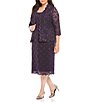 Color:Eggplant - Image 1 - Plus Size Scoop Neck 3/4 Sleeve Sequined Lace Tea-Length 2-Piece Jacket Dress