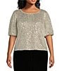 Color:Ivory/Silver - Image 1 - Plus Size Elbow Sleeve Scoop Neck Sequin Blouse