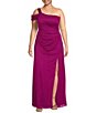 Color:Magenta - Image 1 - Plus Size Sleeveless One Cold Shoulder Sleeveless Front Slit Mesh Ruched Back Detail A-Line Gown
