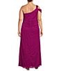 Color:Magenta - Image 2 - Plus Size Sleeveless One Cold Shoulder Sleeveless Front Slit Mesh Ruched Back Detail A-Line Gown