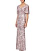 Color:Blush - Image 1 - Floral Sequin Cold Shoulder Short Flutter Sleeve V-Neck Sheath Long Gown