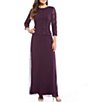 Color:Deep Plum - Image 1 - 3/4 Sleeve Sequined Lace Crew Neck Scalloped Bodice Chiffon Skirted Gown