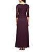 Color:Deep Plum - Image 2 - 3/4 Sleeve Sequined Lace Crew Neck Scalloped Bodice Chiffon Skirted Gown