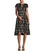Color:Black/Taupe - Image 1 - Stretch Sequin Floral Print Cap Sleeve Keyhole Boat Neck High-Low Fit And Flare Dress