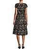Color:Black/Taupe - Image 2 - Stretch Sequin Floral Print Cap Sleeve Keyhole Boat Neck High-Low Fit And Flare Dress