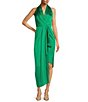 Color:Emerald - Image 1 - Hazel Surplice V-Neck Sleeveless Satin Asymmetrical Hem Midi Dress