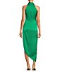 Color:Emerald - Image 2 - Hazel Surplice V-Neck Sleeveless Satin Asymmetrical Hem Midi Dress