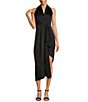 Color:Black - Image 1 - Hazel Surplice V-Neck Sleeveless Satin Asymmetrical Hem Midi Dress