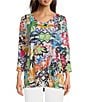 Color:Abstract Multi - Image 1 - Abstract Doodle Art Print Crinkle Knit V-Neck 3/4 Sleeve Pop Over Tunic