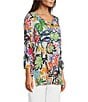 Color:Abstract Multi - Image 3 - Abstract Doodle Art Print Crinkle Knit V-Neck 3/4 Sleeve Pop Over Tunic