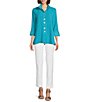Color:Turquoise - Image 5 - Abstract Dot Print Woven Wire Collar 3/4 Sleeve Button-Front Tunic