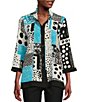 Color:Turquoise - Image 1 - Abstract Patchwork Print Wire Collar 3/4 Sleeve Button-Front Tunic