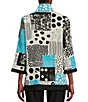 Color:Turquoise - Image 2 - Abstract Patchwork Print Wire Collar 3/4 Sleeve Button-Front Tunic