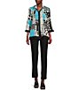 Color:Turquoise - Image 3 - Abstract Patchwork Print Wire Collar 3/4 Sleeve Button-Front Tunic