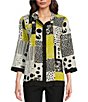 Color:Black White - Image 1 - Abstract Patchwork Print Wire Collar 3/4 Sleeve Button-Front Tunic