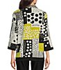 Color:Black White - Image 2 - Abstract Patchwork Print Wire Collar 3/4 Sleeve Button-Front Tunic