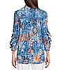 Color:Multi - Image 2 - Abstract Print Cable Burnout Knit Wire Collar 3/4 Ruffle Sleeve Snap Front Tunic