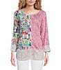 Color:Pink Print - Image 1 - Abstract Printed Burnout Crinkle Knit Round Neck 3/4 Sleeve Tunic