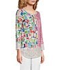 Color:Pink Print - Image 3 - Abstract Printed Burnout Crinkle Knit Round Neck 3/4 Sleeve Tunic