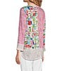 Color:Pink Print - Image 4 - Abstract Printed Burnout Crinkle Knit Round Neck 3/4 Sleeve Tunic
