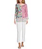 Color:Pink Print - Image 5 - Abstract Printed Burnout Crinkle Knit Round Neck 3/4 Sleeve Tunic