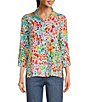 Color:Floral Multi - Image 1 - Allover Floral Print Linen Blend 3/4 Sleeve Button-Front Hi-Low Tunic