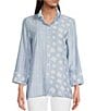 Color:Chambray Print - Image 1 - Dot Stripe Chambray Frilled High Neck Wrist Length Sleeve Button-Front Shirt