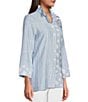 Color:Chambray Print - Image 4 - Dot Stripe Chambray Frilled High Neck Wrist Length Sleeve Button-Front Shirt