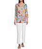 Color:Floral Multi - Image 5 - Floral Crinkle Burnout Knit V-Neck 3/4 Sleeve Tunic